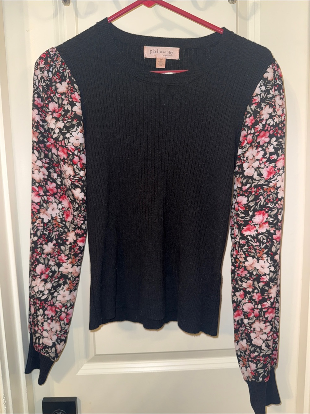Philosophy Black Knit Top with Floral Pink Sleeve Accents